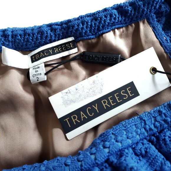 TRACY REESE off the shoulder pom pom bodycon lace dress Aegean blue Size 2 NEW - Picture 6 of 8